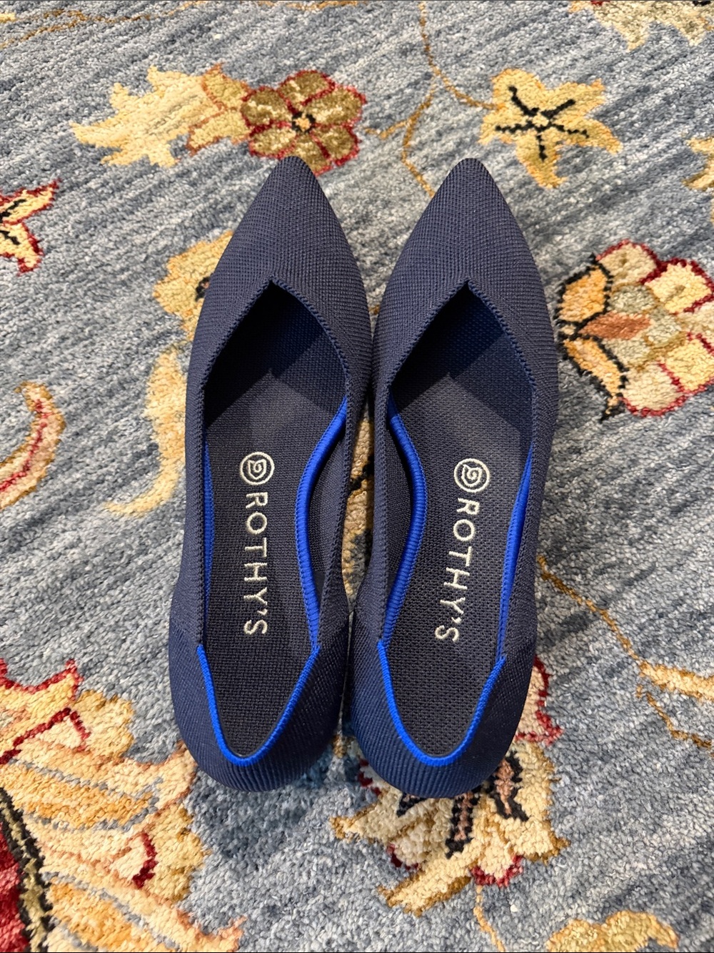 Rothy's Navy Pointed Knit Ballet Flats with Blue Trim